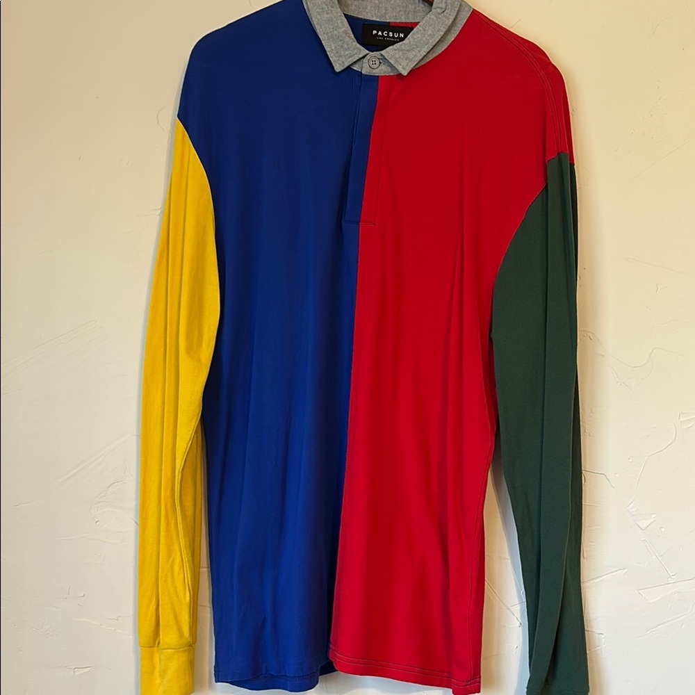 PacSun Blue and Red Polo Shirt with Color Block Design